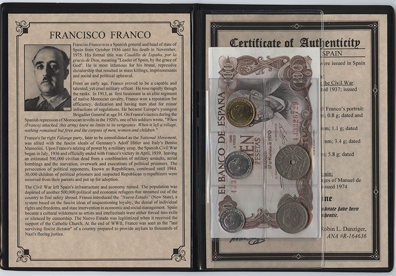Album & COA Set Of 5 Coins & 1 Banknote Spanish Dictator Francisco Franco 